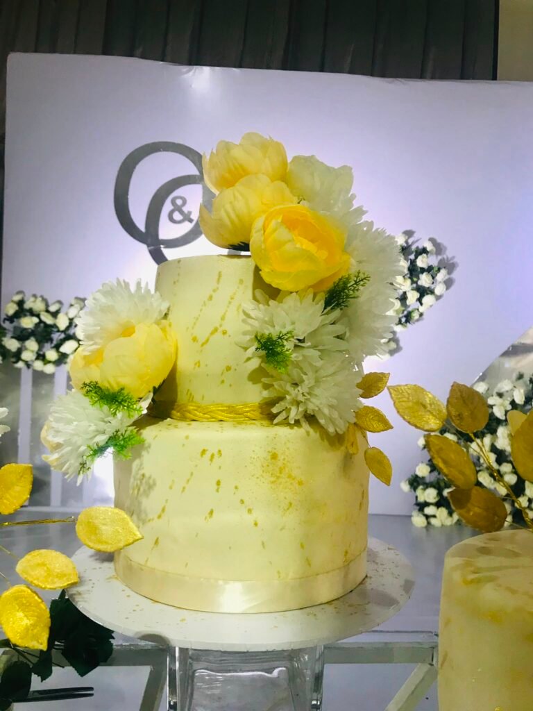 Golden Sunflower Floral Wedding Cake