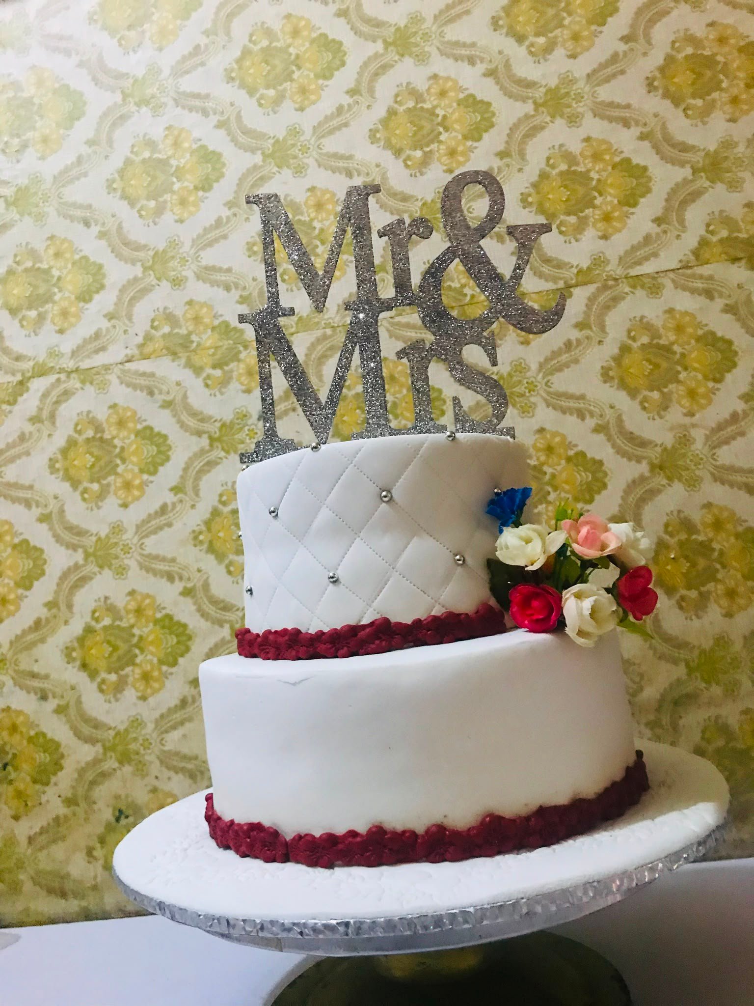 Quilted Burgundy Romance Wedding Cake