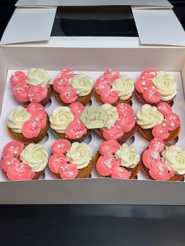 Pink & Ivory Rosette Birthday Cupcakes