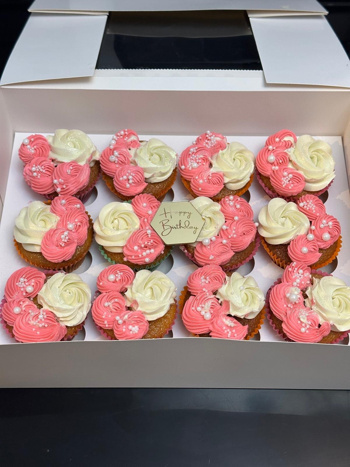 Pink & Ivory Rosette Birthday Cupcakes