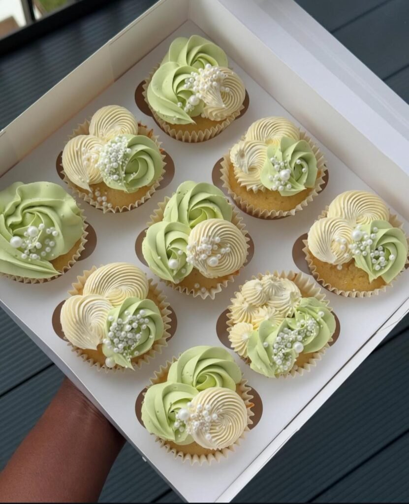 Sage Green & Ivory Pearl Cupcakes