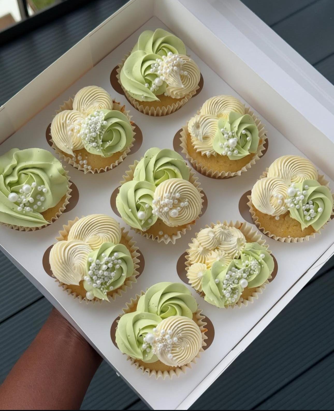 Sage Green & Ivory Pearl Cupcakes